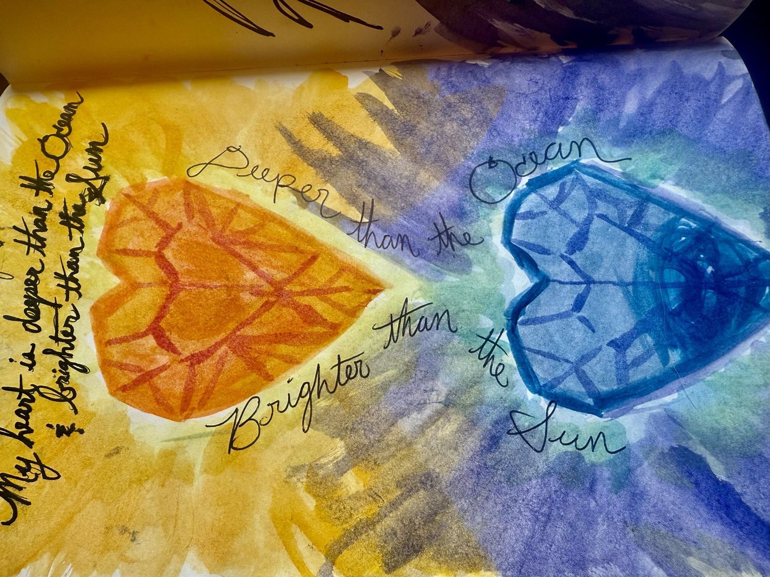 Watercolor by Kristirae — two crystal hearts, deeper than the ocean and brighter than the sun